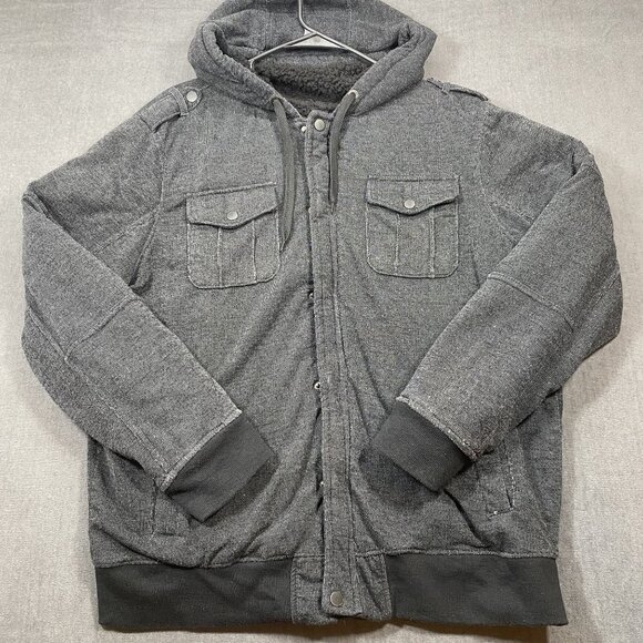 Rock & Republic Dark Gray Hooded Jacket  Faux Fur Lining Snap Pockets Mens XL - Picture 1 of 11